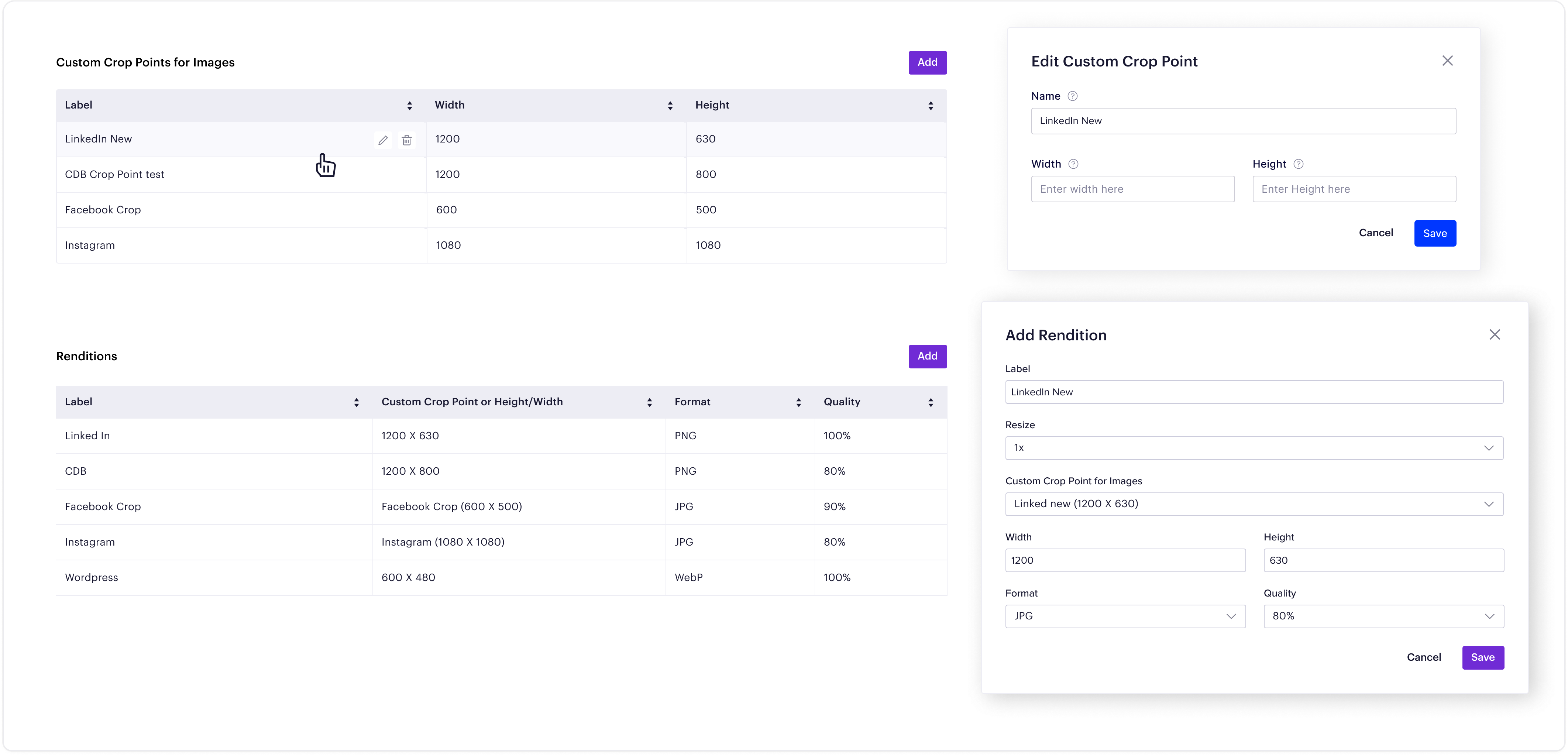 Showing rendition table using custom crop point table data